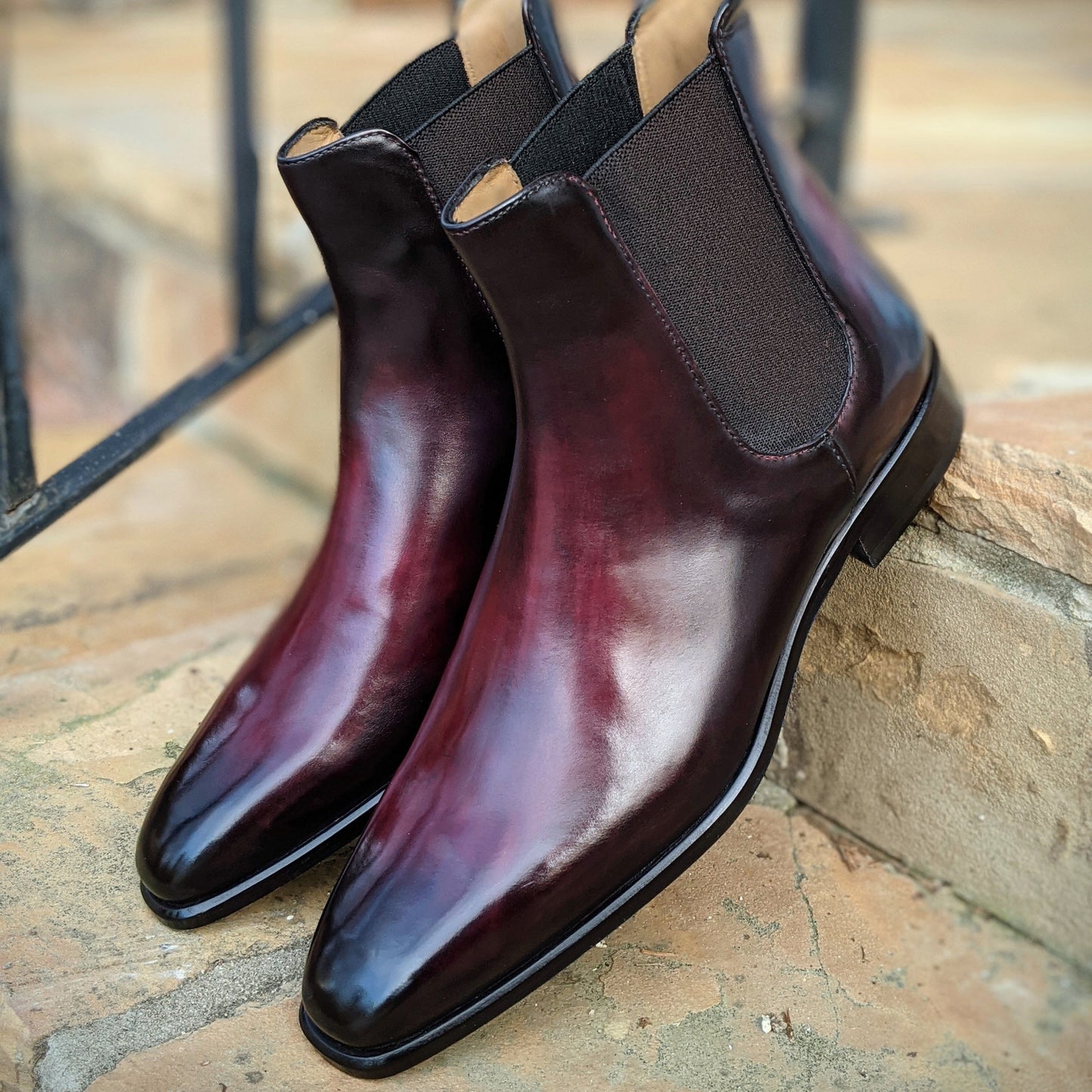 Handmade Italian leather Black Cherry Chelsea Boot, men's dress boot by Michael Darren Shoes