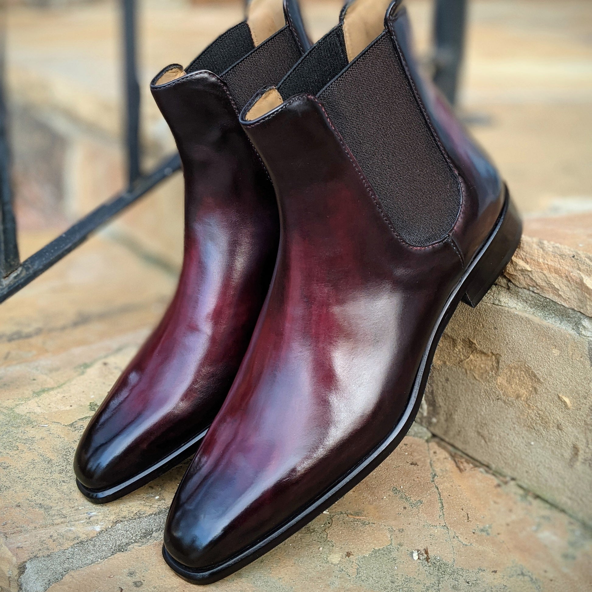 Handmade Italian leather Black Cherry Chelsea Boot, men's dress boot by Michael Darren Shoes