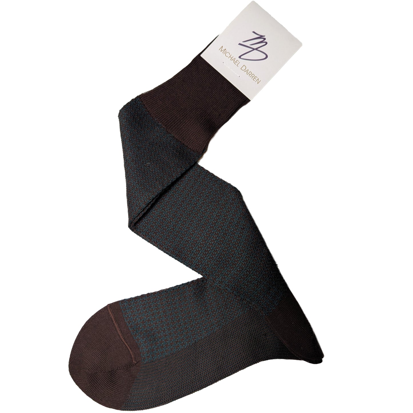 Michael Darren Houndstooth over the calf men's dress sock, Egyptian Cotton in Brown and Green