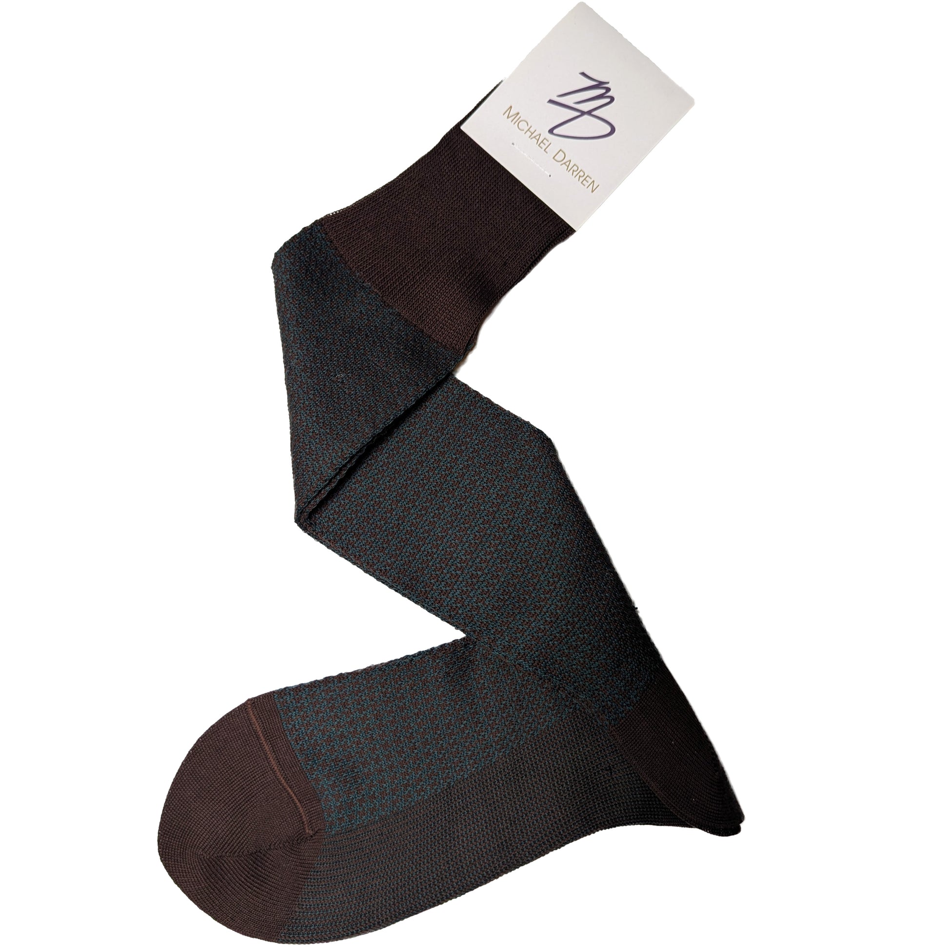 Michael Darren Houndstooth over the calf men's dress sock, Egyptian Cotton in Brown and Green