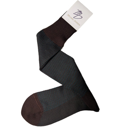 Michael Darren Houndstooth over the calf men's dress sock, Egyptian Cotton in Brown and Green