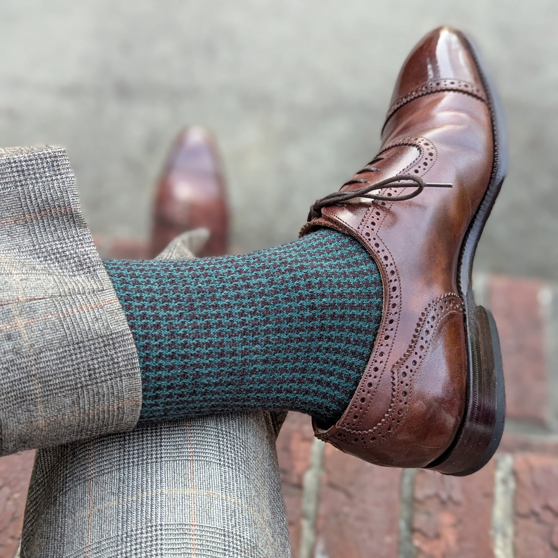 Michael Darren Houndstooth over the calf men's dress sock, Egyptian Cotton in Brown and Green, worn on foot with Adelaide Oxford