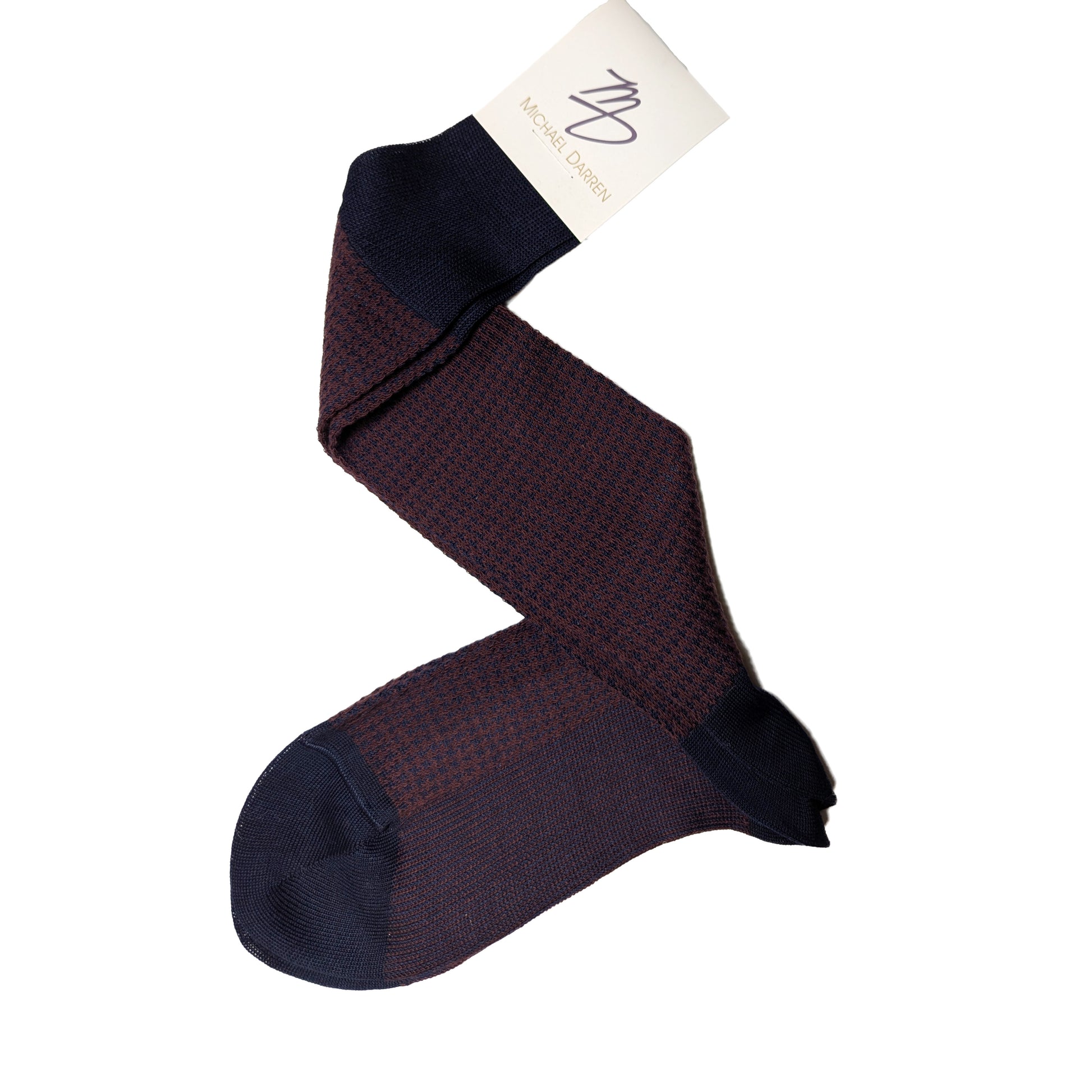 Michael Darren Houndstooth over the calf men's dress sock, Egyptian Cotton in Burgundy and Navy