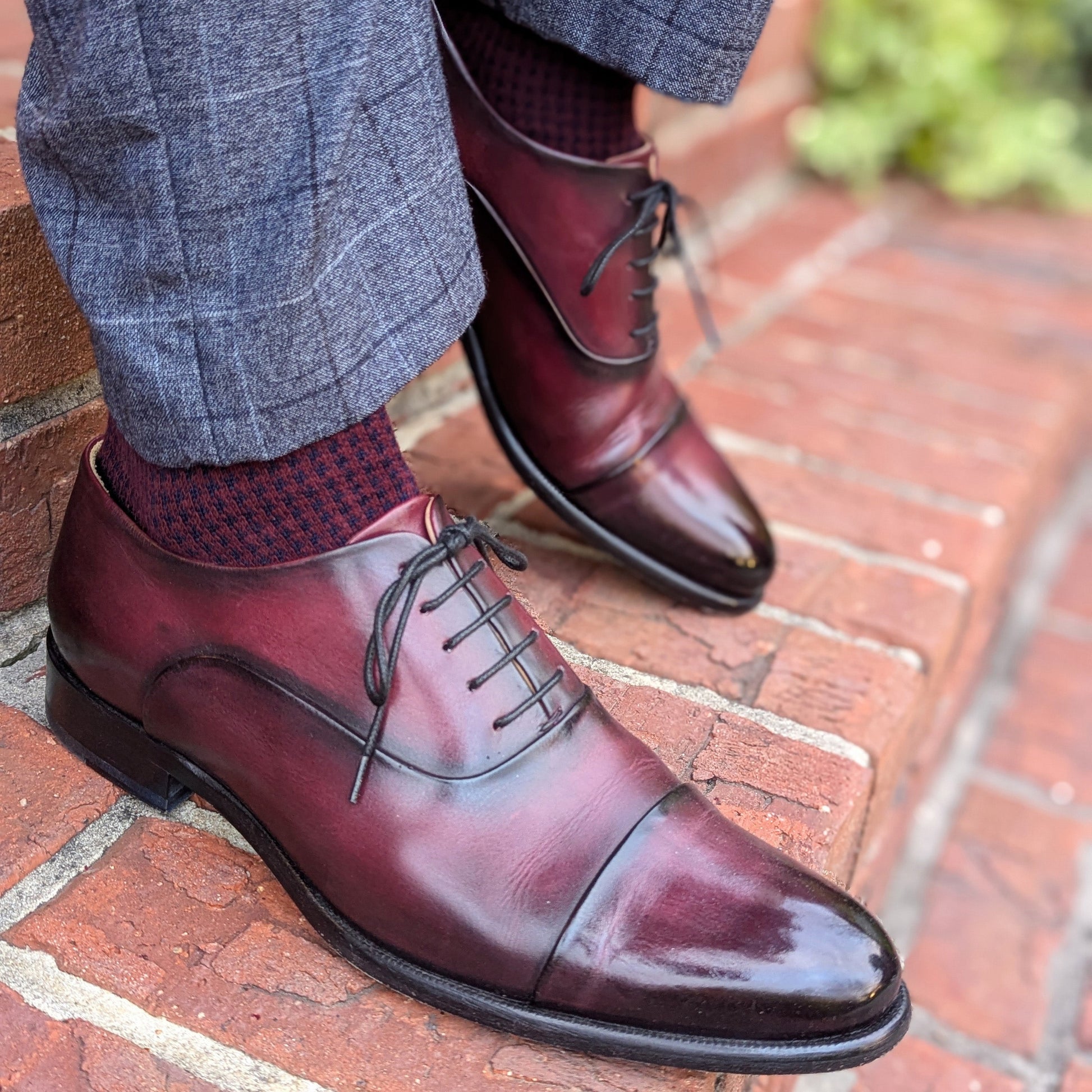 Michael Darren Houndstooth over the calf men's dress sock, Egyptian Cotton in Burgundy and Navy, worn on foot with Michael Darren Cap Toe in Black Cherry Patina