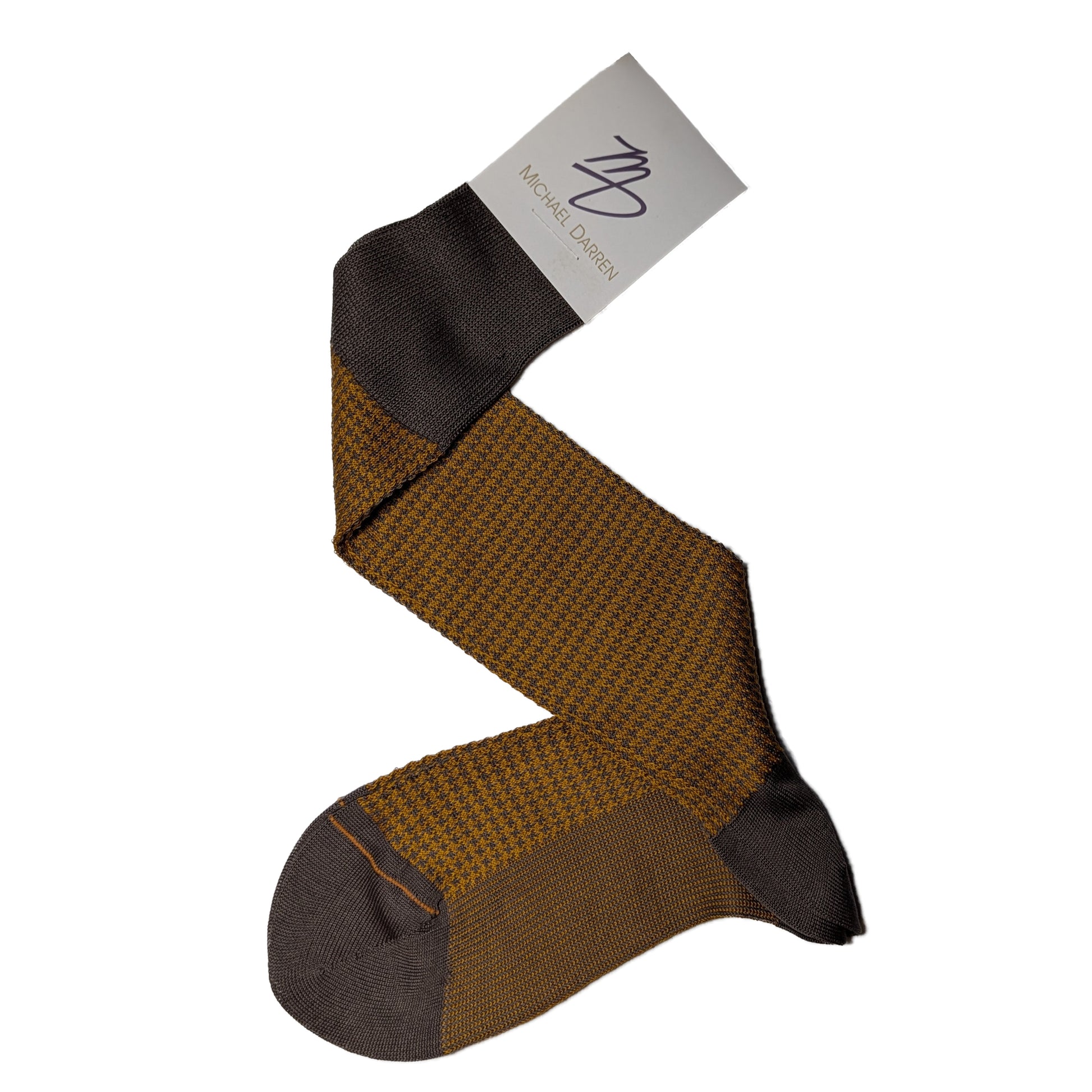 Michael Darren Houndstooth over the calf men's dress sock, Egyptian Cotton in Mustard and Mushroom