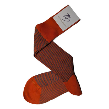 Michael Darren Houndstooth over the calf men's dress sock, Egyptian Cotton in Orange and Grey