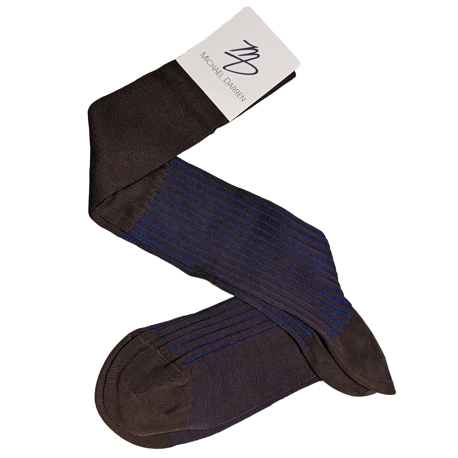 Michael Darren Shadow Stripe over the calf men's dress sock, Egyptian Cotton in Brown and Royal Blue