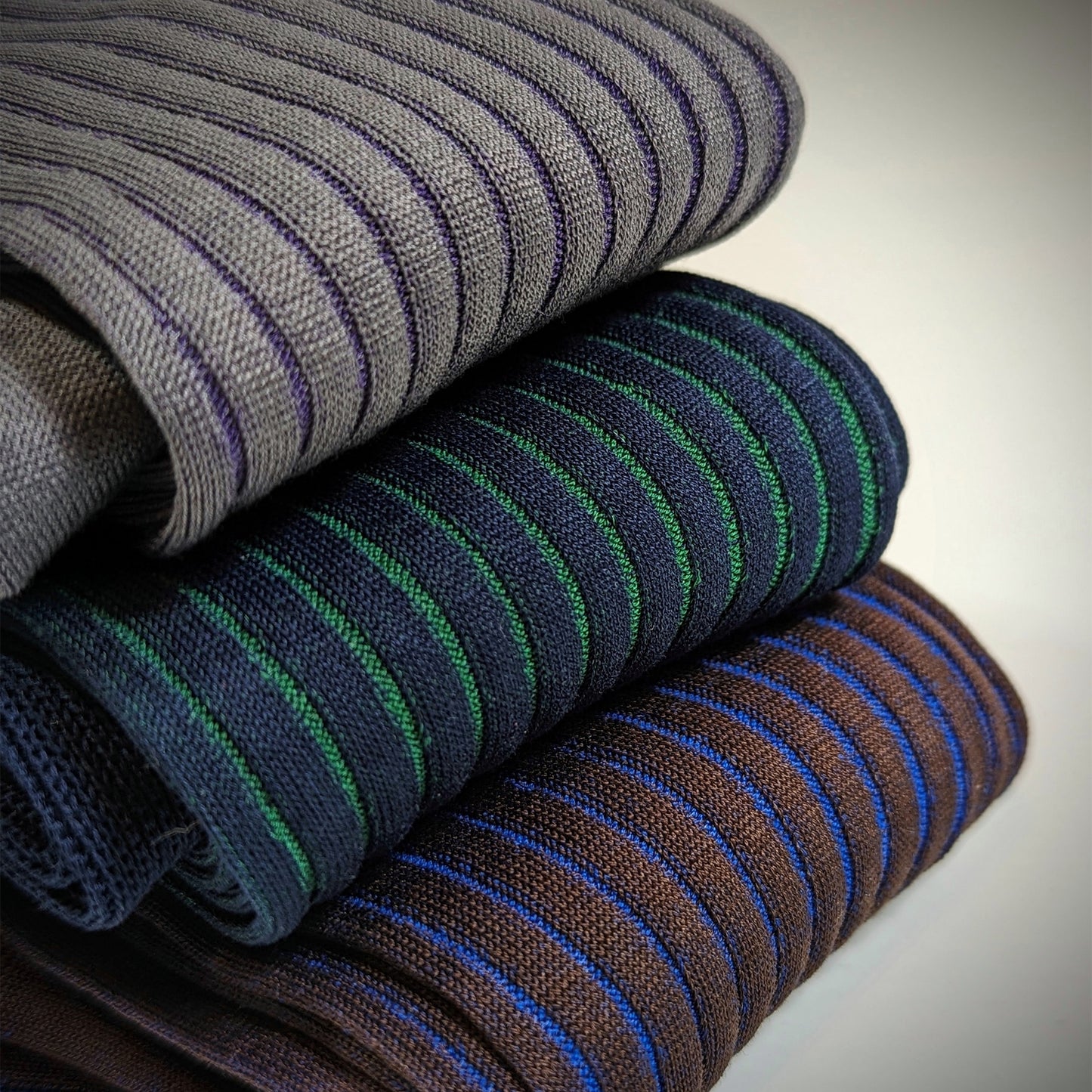 Michael Darren Shadow Stripe over the calf men's dress sock, Egyptian Cotton,Collection with Grey/Purple, Navy/Green and Brown/Royal Blue