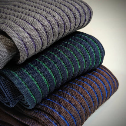 Michael Darren Shadow Stripe over the calf men's dress sock, Egyptian Cotton,Collection with Grey/Purple, Navy/Green and Brown/Royal Blue