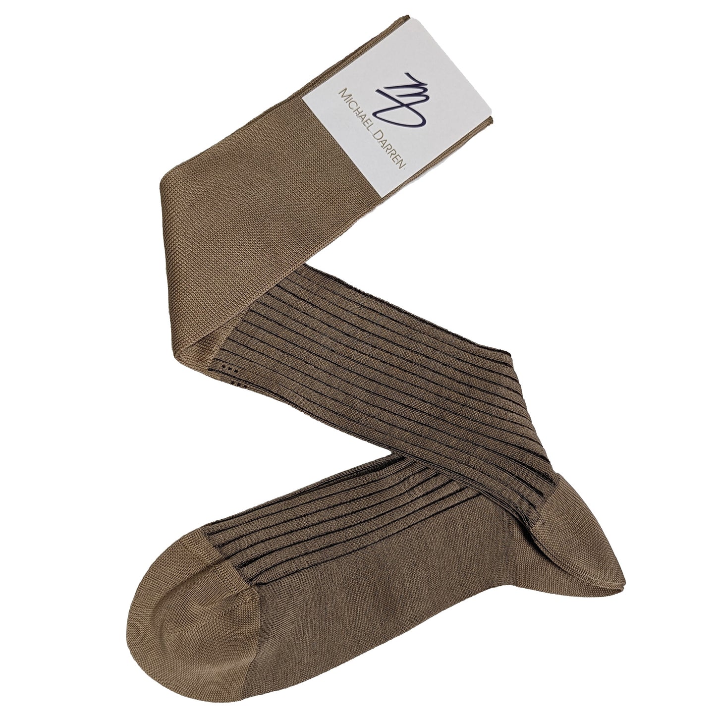 Michael Darren Shadow Stripe over the calf men's dress sock, Egyptian Cotton in Beige and Brown