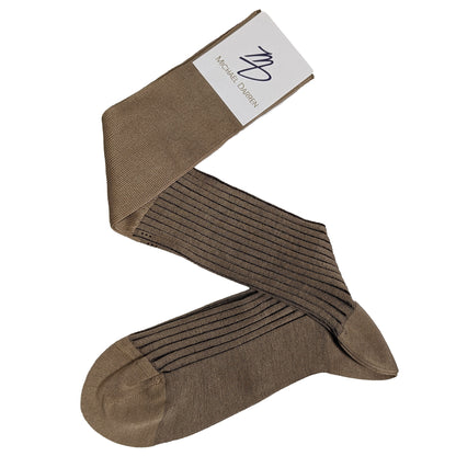 Michael Darren Shadow Stripe over the calf men's dress sock, Egyptian Cotton in Beige and Brown
