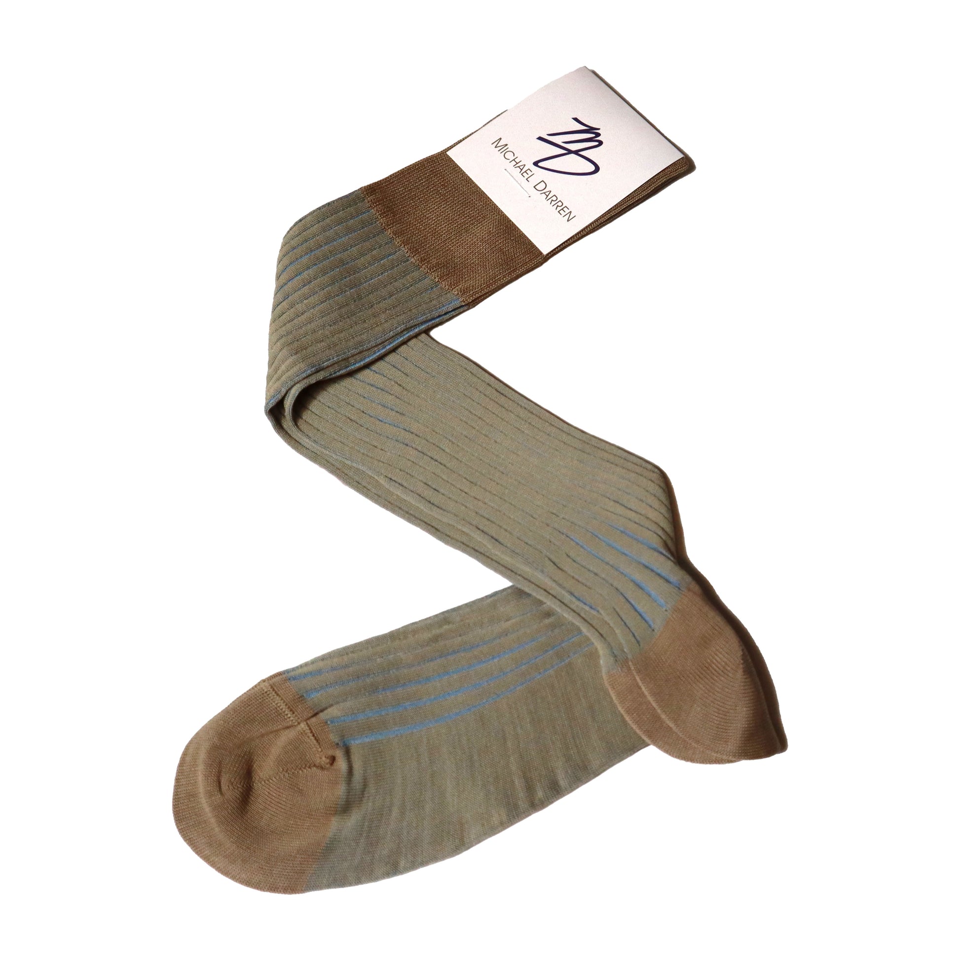 Michael Darren Shadow Stripe over the calf men's dress sock, Egyptian Cotton in Beige and Sky Blue
