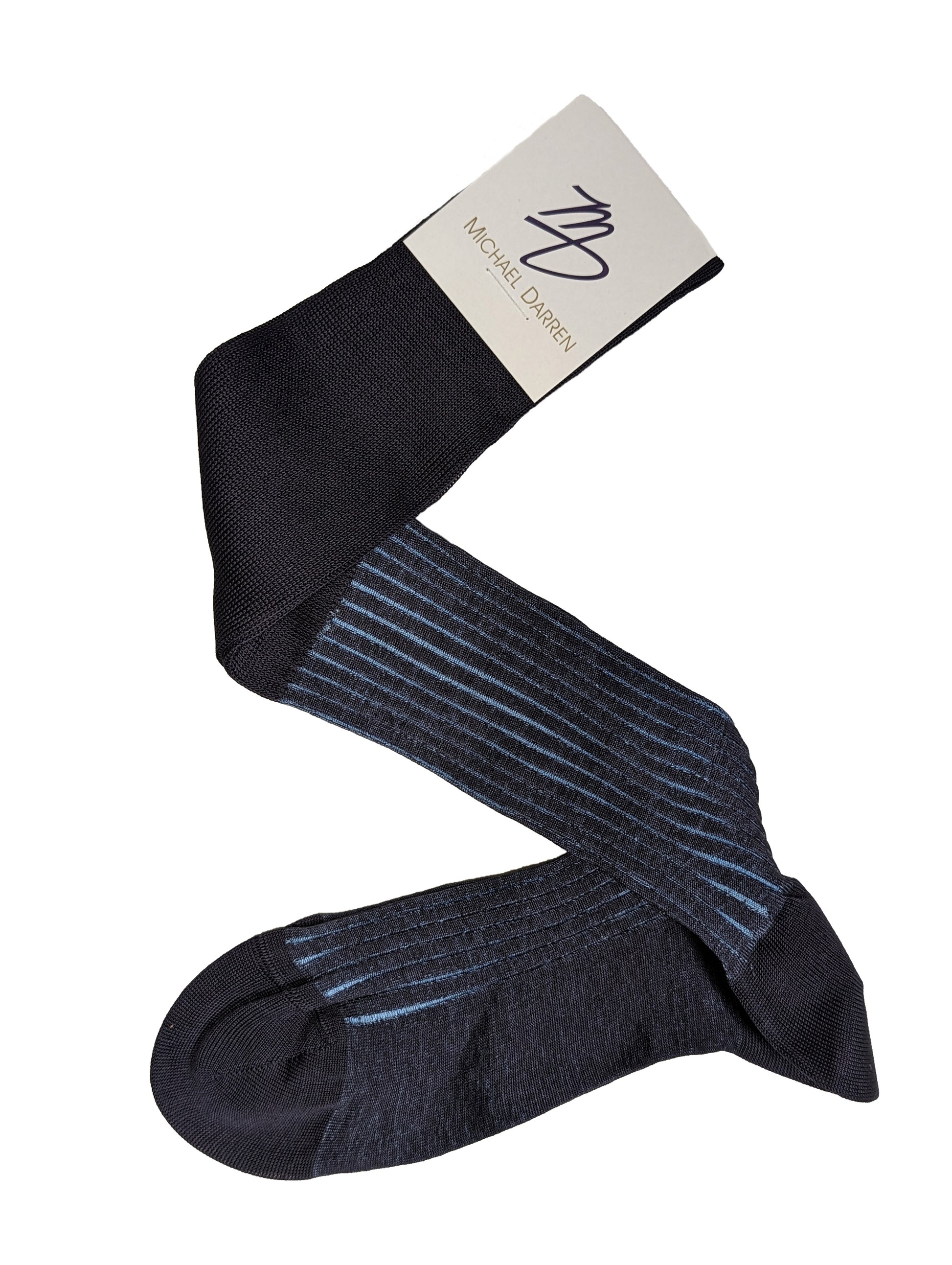 Michael Darren Shadow Stripe over the calf men's dress sock, Egyptian Cotton in Charcoal and Sky Blue