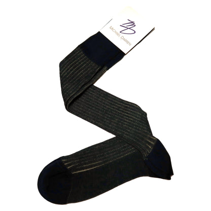 Michael Darren Shadow Stripe over the calf men's dress sock, Egyptian Cotton in Clemensten Green and Beige