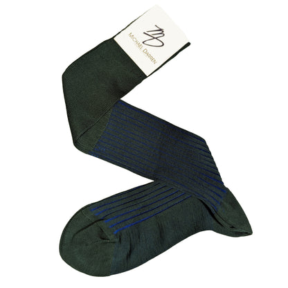 Michael Darren Shadow Stripe over the calf men's dress sock, Egyptian Cotton in Forest Green and Royal Blue
