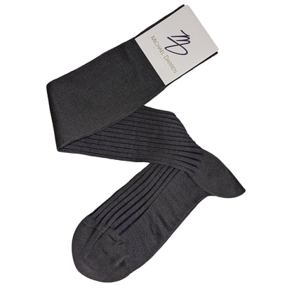 Michael Darren Shadow Stripe over the calf men's dress sock, Egyptian Cotton in Grey and Purple