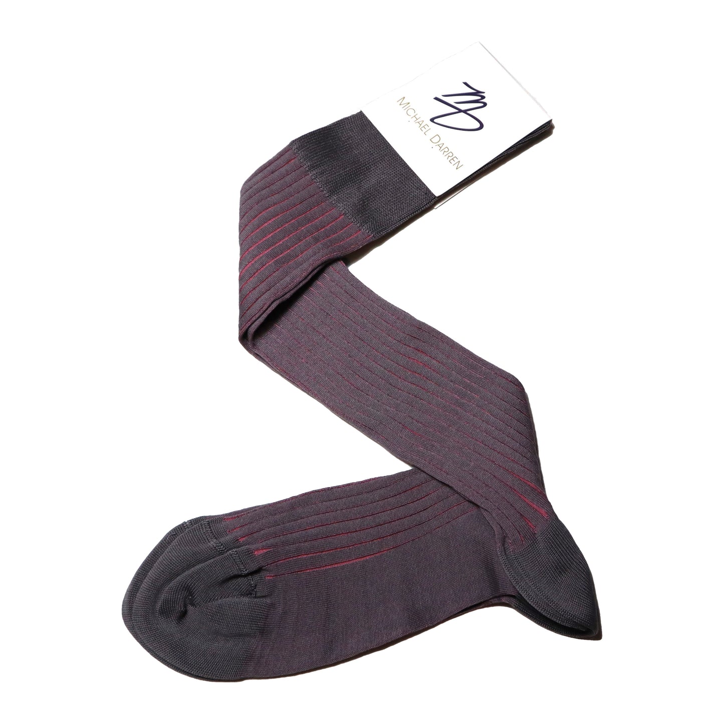 Michael Darren Shadow Stripe over the calf men's dress sock, Egyptian Cotton in Light Grey and Pink