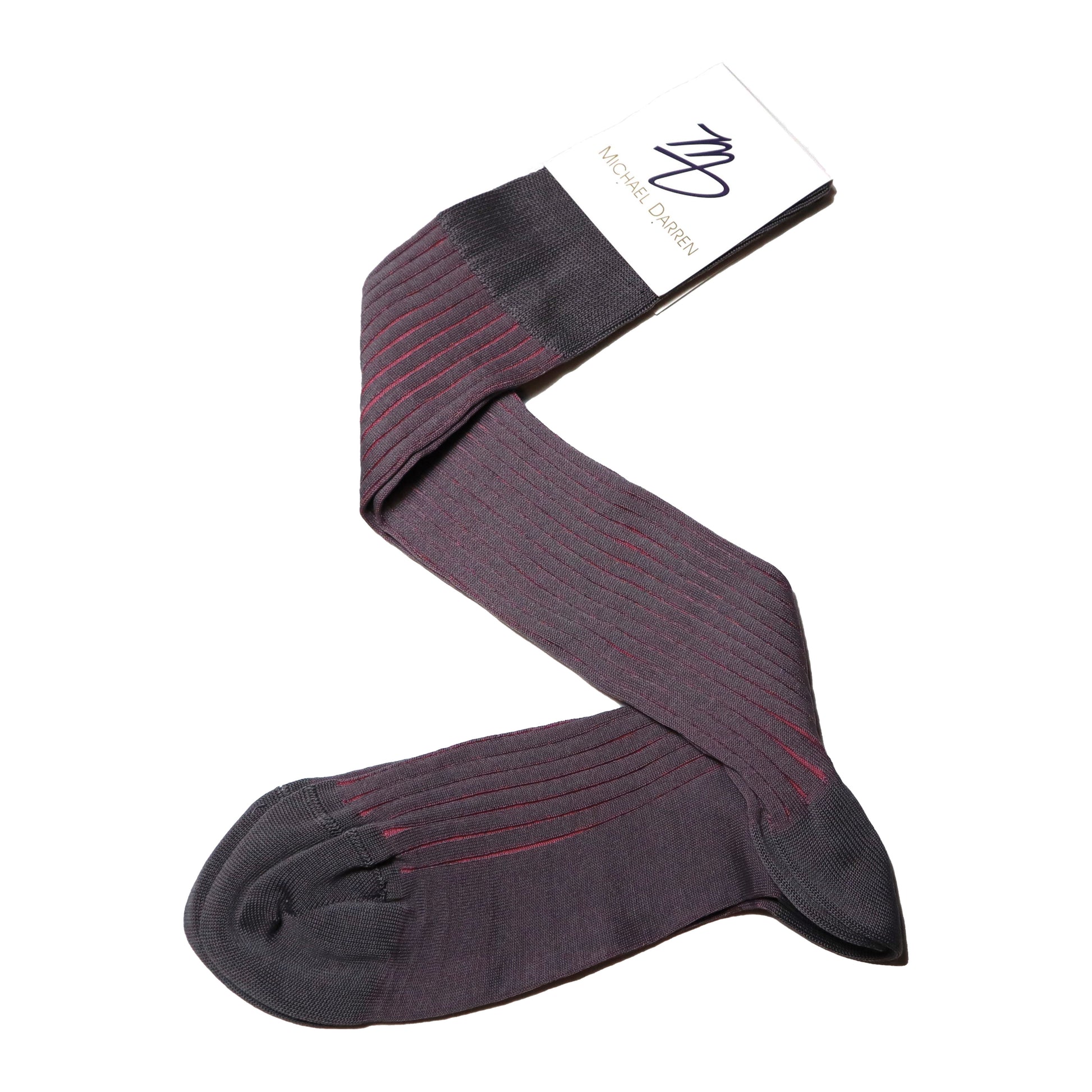 Michael Darren Shadow Stripe over the calf men's dress sock, Egyptian Cotton in Light Grey and Pink
