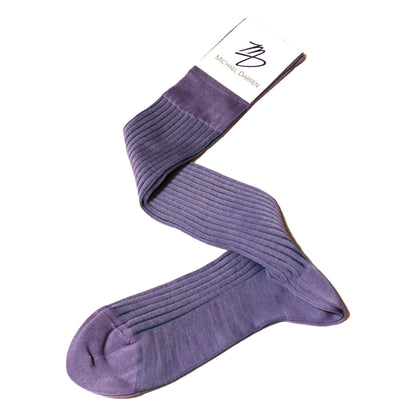 Michael Darren Shadow Stripe over the calf men's dress sock, Egyptian Cotton in Lilac and Petroleum Green