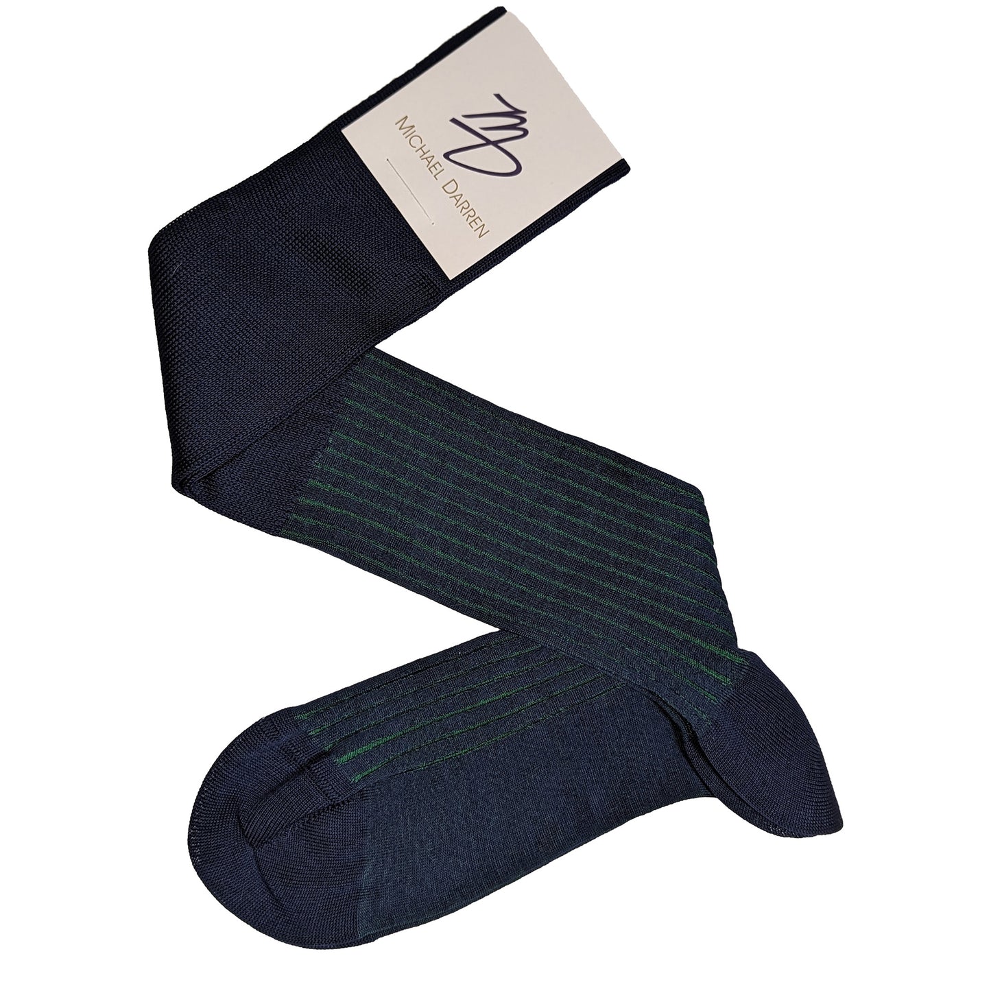 Michael Darren Shadow Stripe over the calf men's dress sock, Egyptian Cotton in Navy Blue and Green