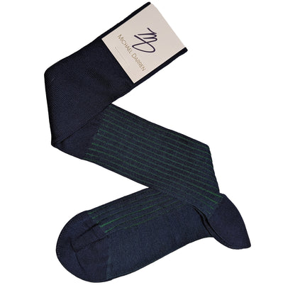 Michael Darren Shadow Stripe over the calf men's dress sock, Egyptian Cotton in Navy Blue and Green