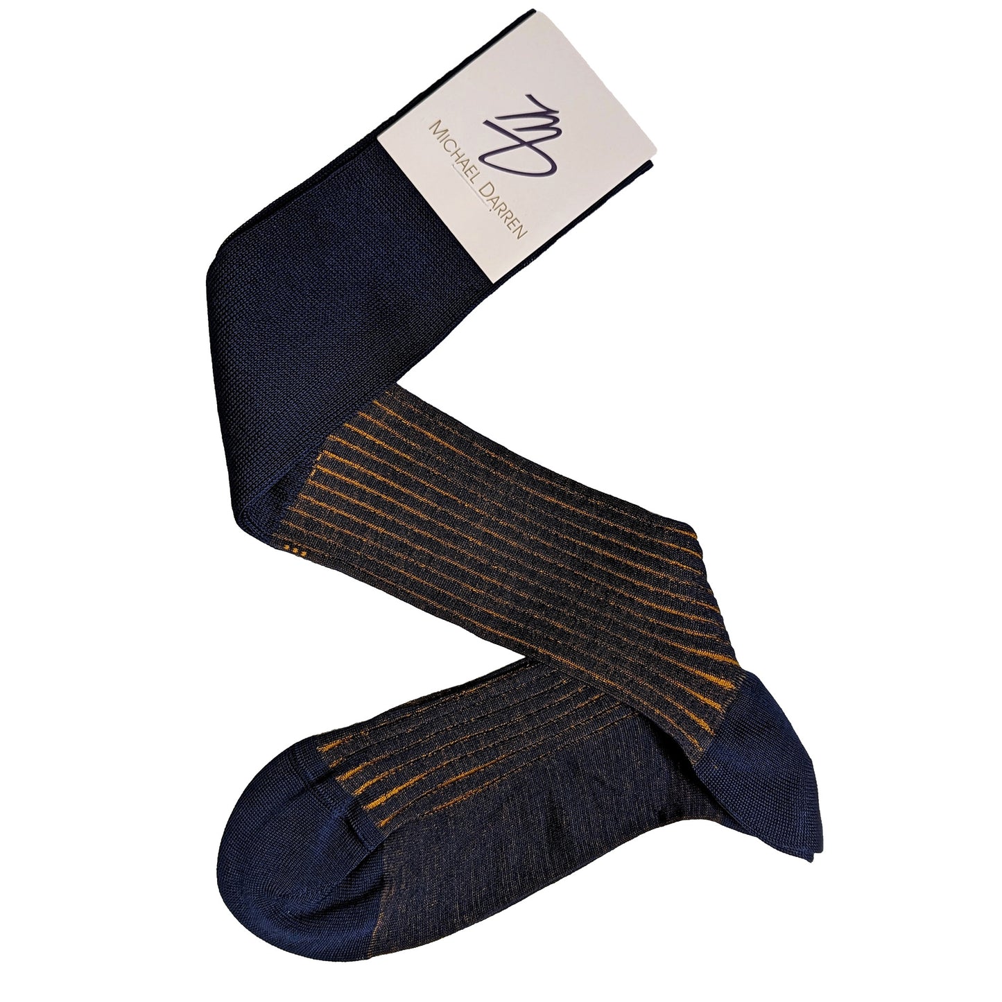 Michael Darren Shadow Stripe over the calf men's dress sock, Egyptian Cotton in Navy and Mustard