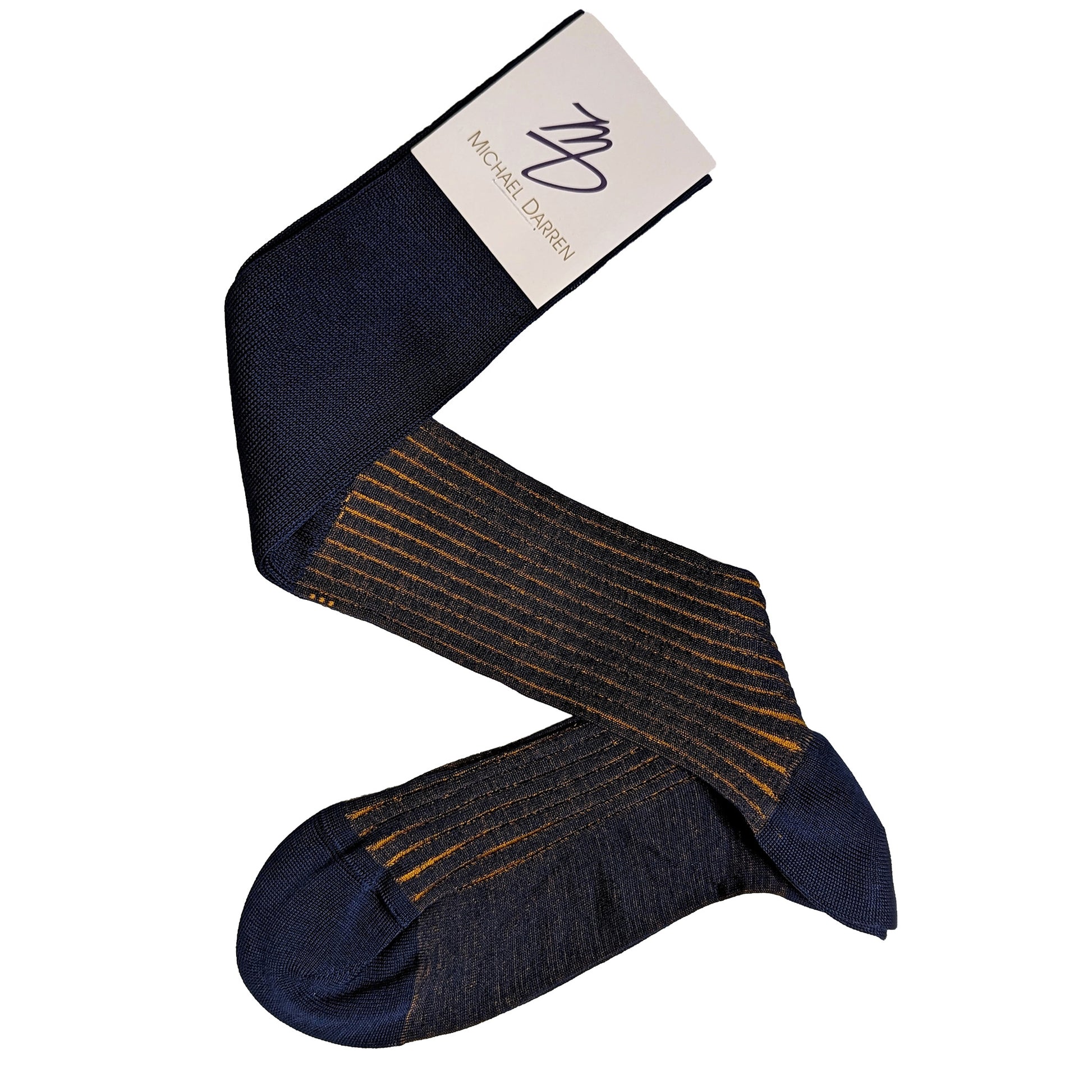 Michael Darren Shadow Stripe over the calf men's dress sock, Egyptian Cotton in Navy and Mustard