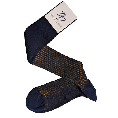 Michael Darren Shadow Stripe over the calf men's dress sock, Egyptian Cotton in Navy and Mustard