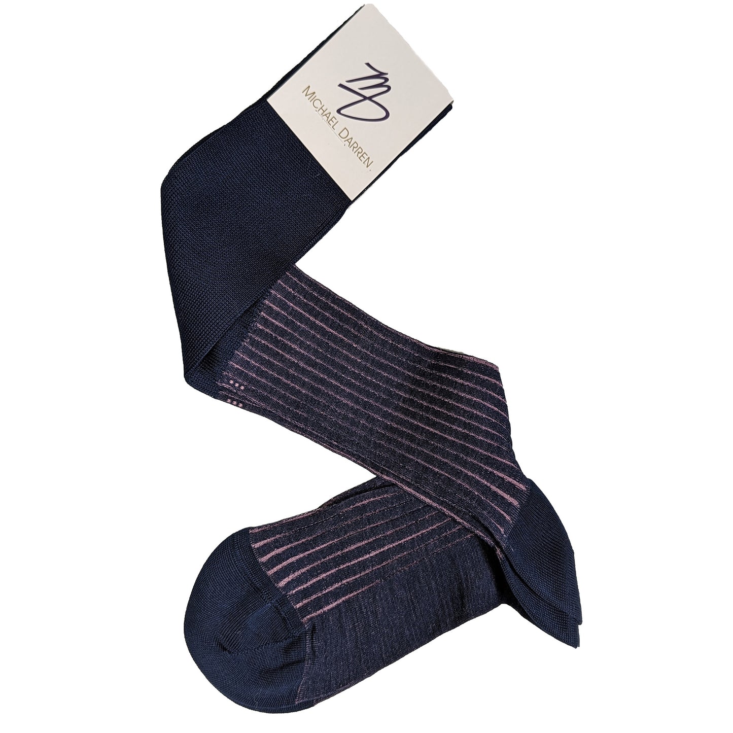 Michael Darren Shadow Stripe over the calf men's dress sock, Egyptian Cotton in Navy and Pink