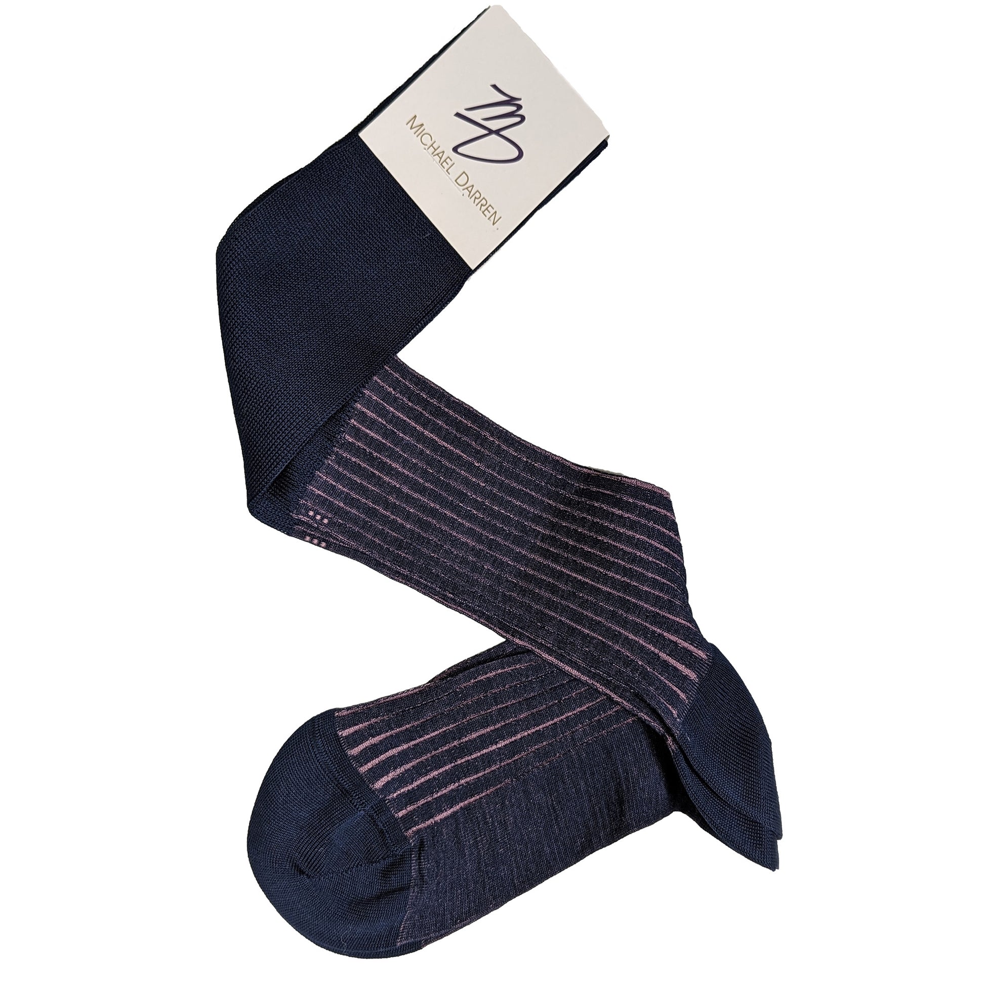 Michael Darren Shadow Stripe over the calf men's dress sock, Egyptian Cotton in Navy and Pink