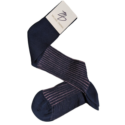 Michael Darren Shadow Stripe over the calf men's dress sock, Egyptian Cotton in Navy and Pink