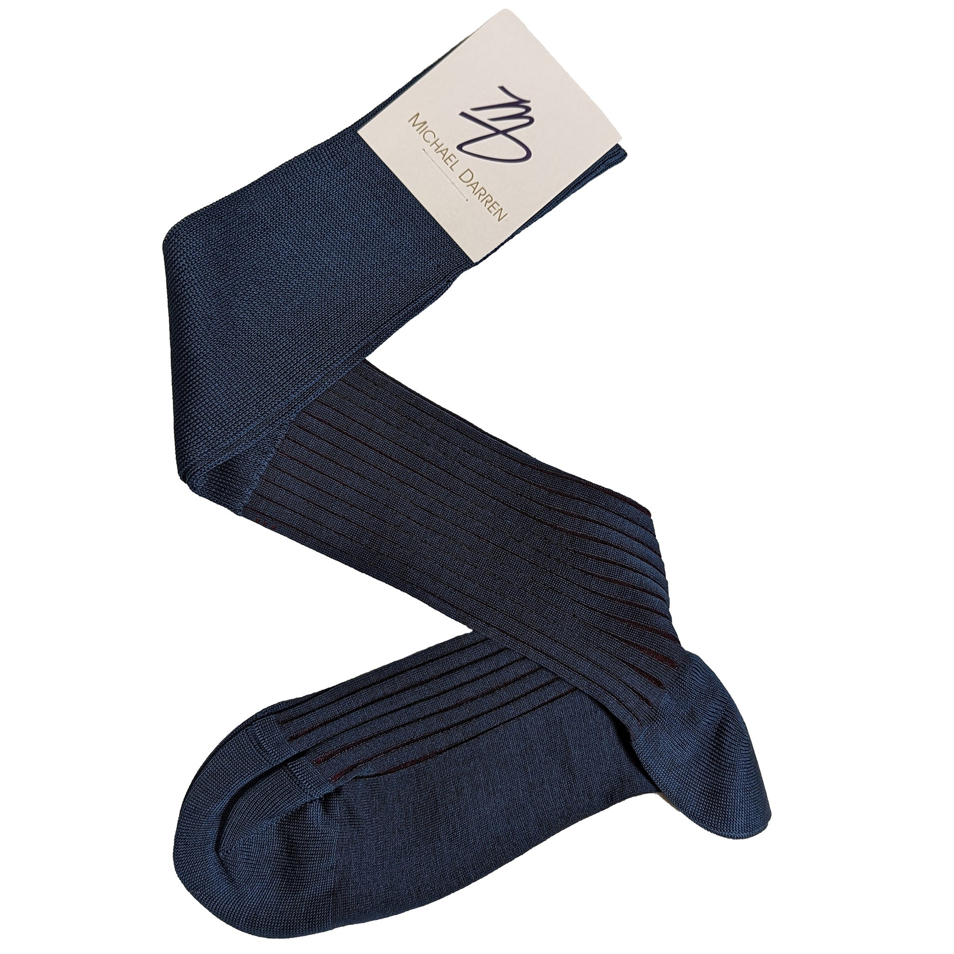 Michael Darren Shadow Stripe over the calf men's dress sock, Egyptian Cotton in Parliament Blue and Burgundy