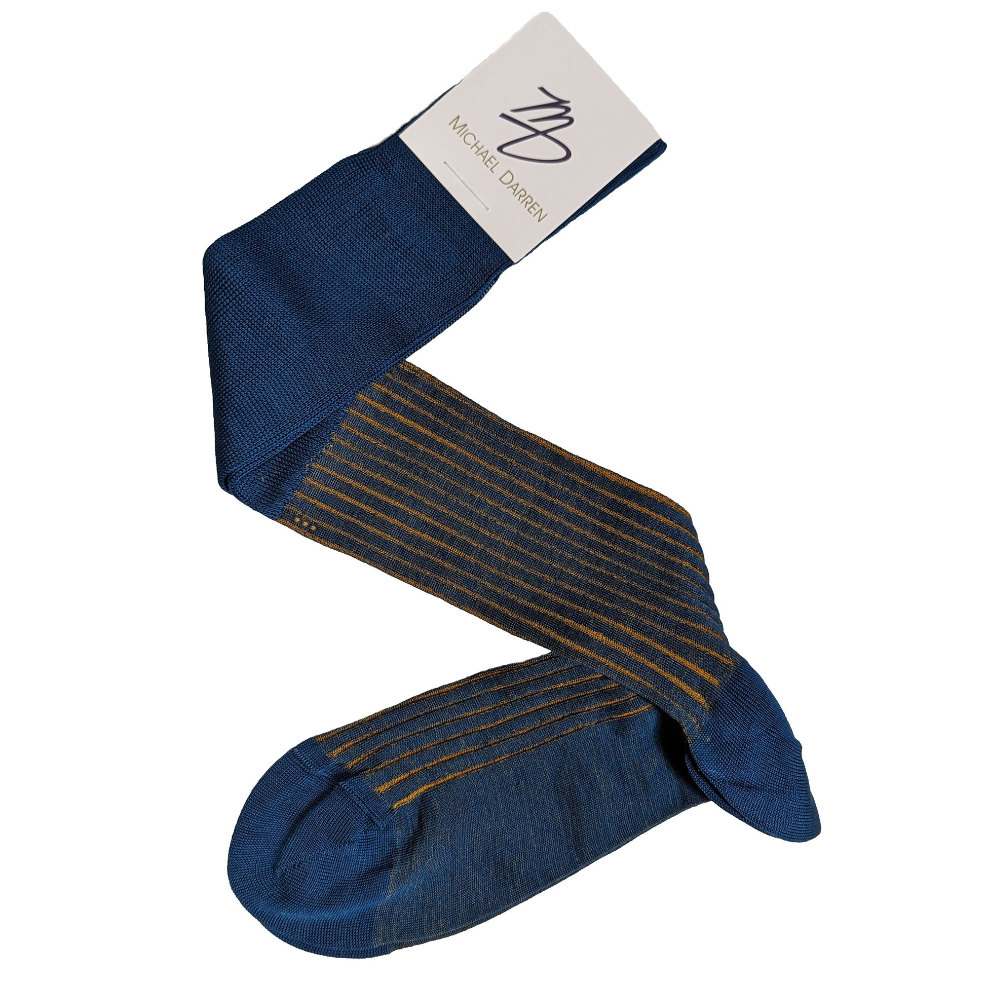 Michael Darren Shadow Stripe over the calf men's dress sock, Egyptian Cotton in Petroleum Green and Mustard