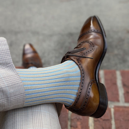 Michael Darren Shadow Stripe over the calf men's dress sock, Egyptian Cotton in Beige and Sky Blue, worn on foot with Michael Darren Adelaide in Walnut Patina