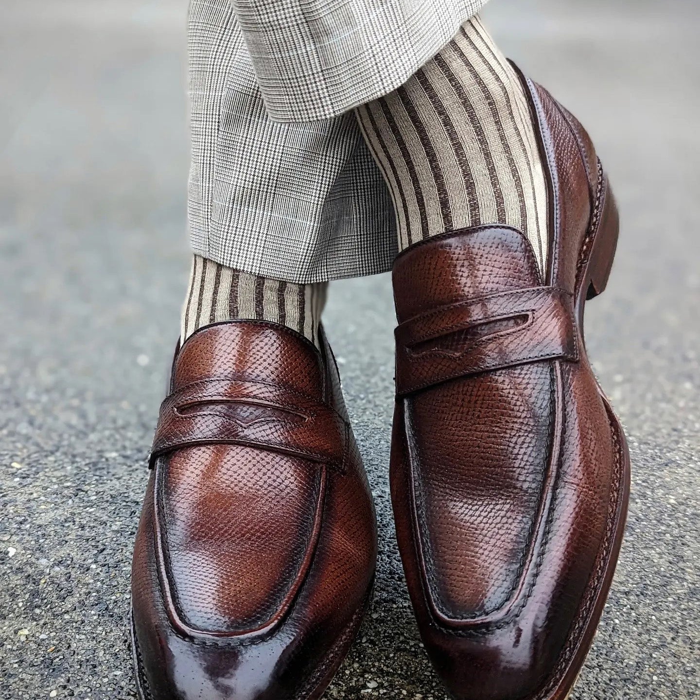 Michael Darren Shadow Stripe over the calf men's dress sock, Egyptian Cotton in Brown and Beige, worn on foot with custom loafers Oak Brown Patina