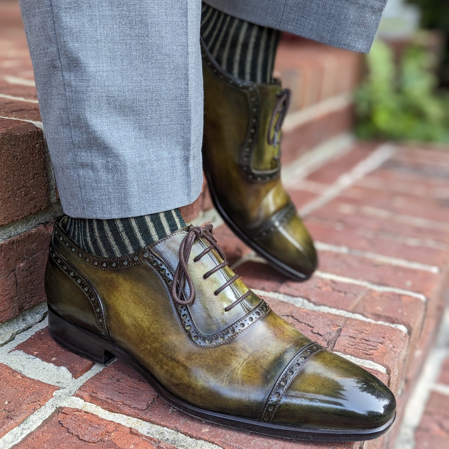 Michael Darren Shadow Stripe over the calf men's dress sock, Egyptian Cotton in Clemensten and Beige, worn on foot with Michael Darren Adelaide in Olive Green Patina