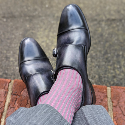 Michael Darren Shadow Stripe over the calf men's dress sock, Egyptian Cotton in Pink and Grey, worn on foot with Michael Darren Double Monkstrap in Smoke Grey Patina