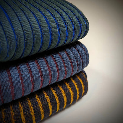 Michael Darren Shadow Stripe over the calf men's dress sock, Egyptian Cotton, collection with Forrest Green/Royal Blue, Parliament Blue/ Burgundy, Navy Blue/Mustard