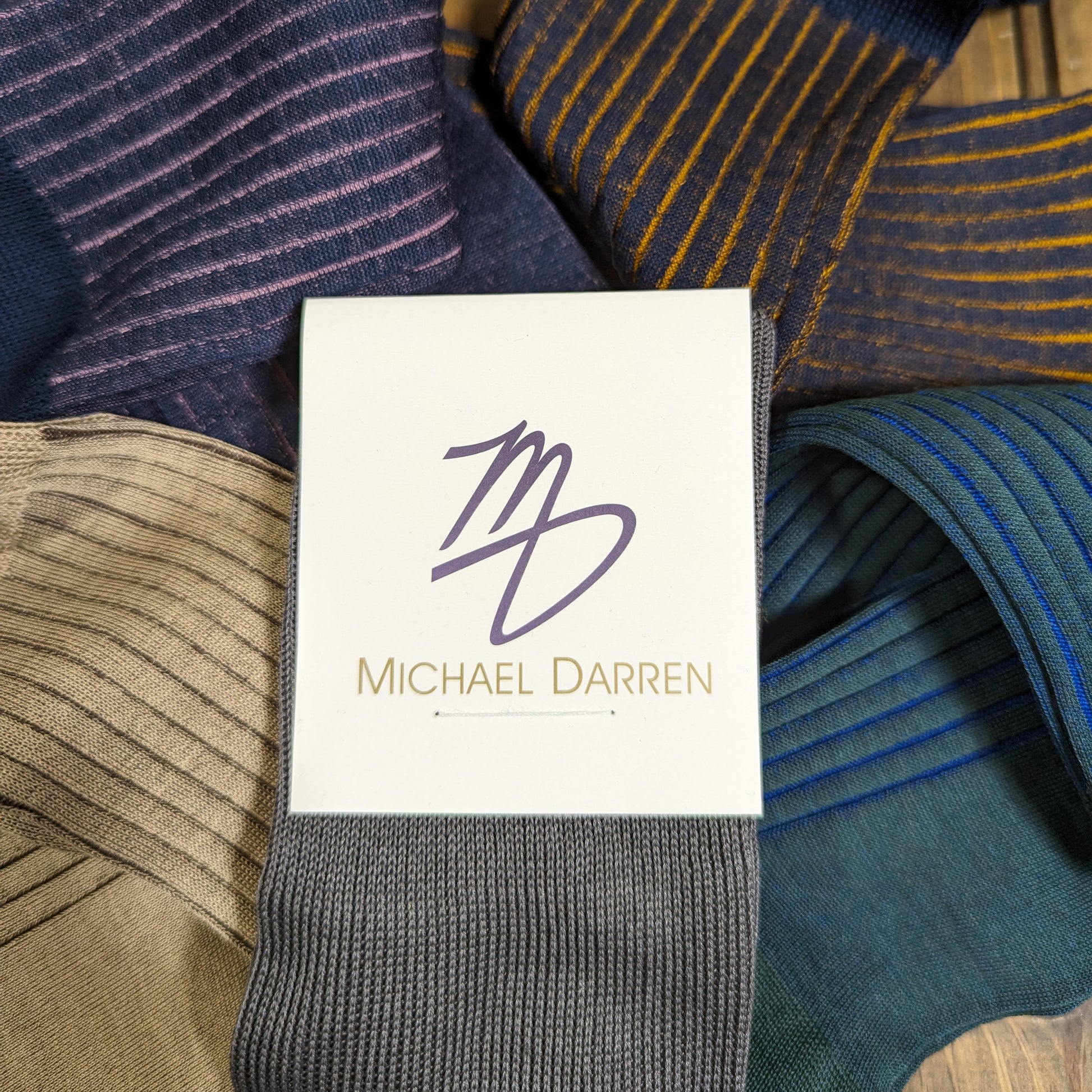 Michael Darren Shadow Stripe over the calf men's dress sock, Egyptian Cotton, collage with Grey/Pink, Navy/Pink, Navy/Mustard, Beige/Brown, Forest Green/Royal Blue