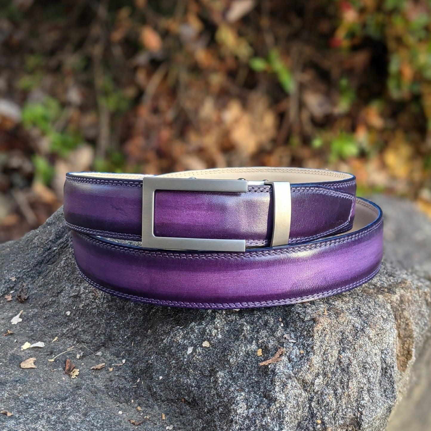 Handmade Italian leather Aubergine Patina Belt with ratchet closure by Michael Darren Shoes