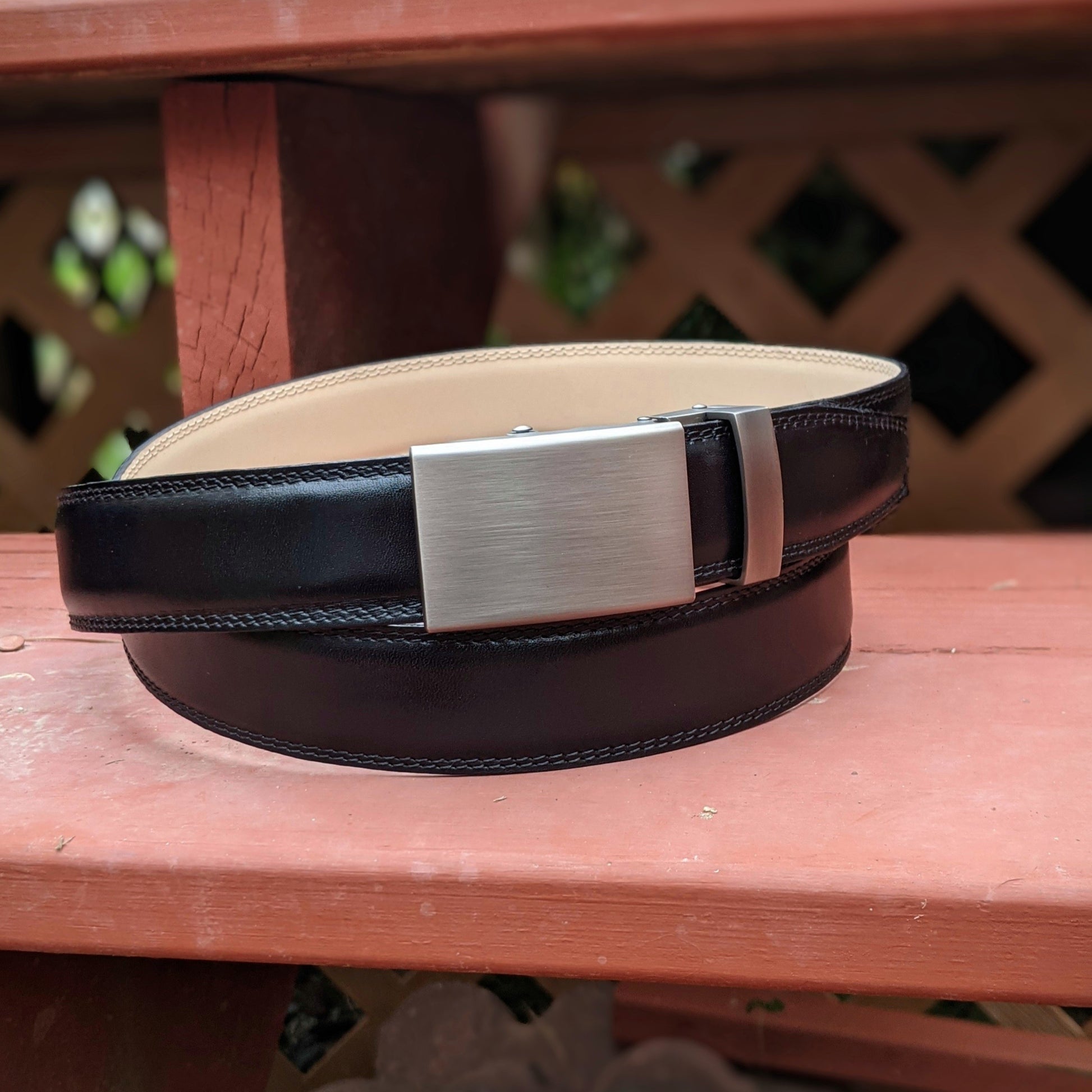 Handmade Italian leather Black Patina Belt with ratchet closure by Michael Darren Shoes