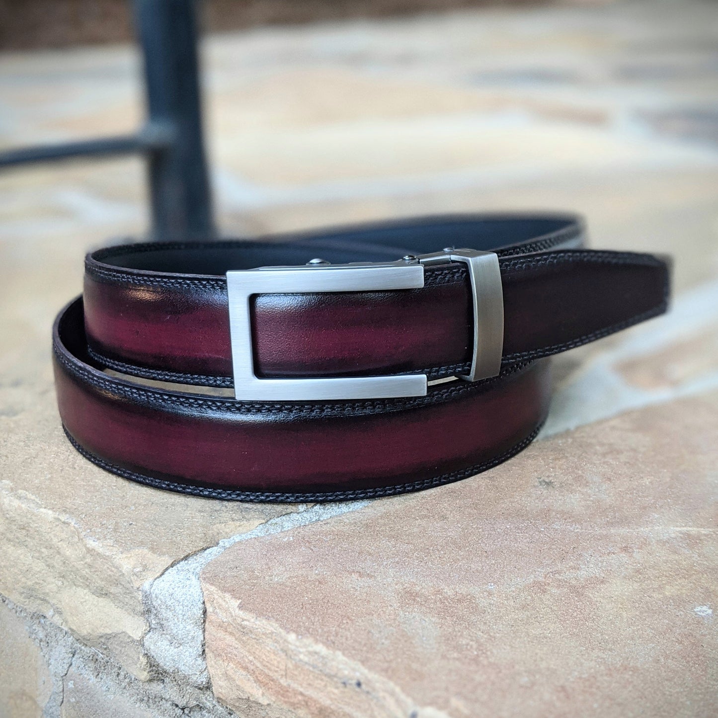 Handmade Italian leather Black Cherry Patina Belt with ratchet closure by Michael Darren Shoes