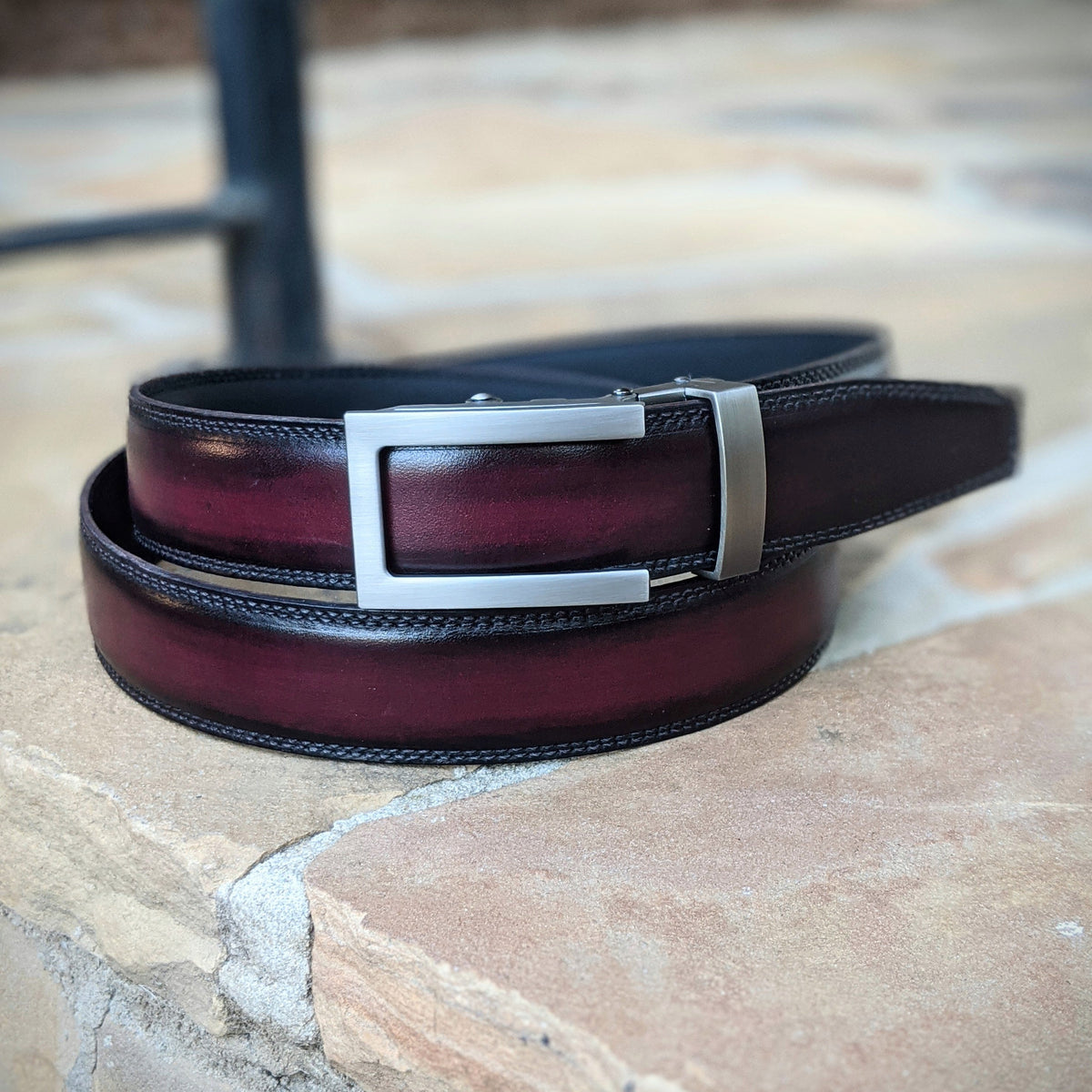 Handmade Italian leather Black Cherry Patina Belt with ratchet closure by Michael Darren Shoes