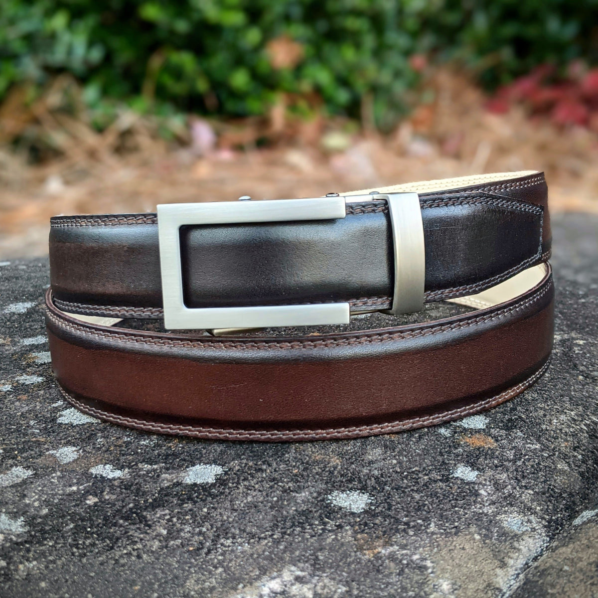 Handmade Italian leather Chocolate Brown Patina Belt with ratchet closure by Michael Darren Shoes