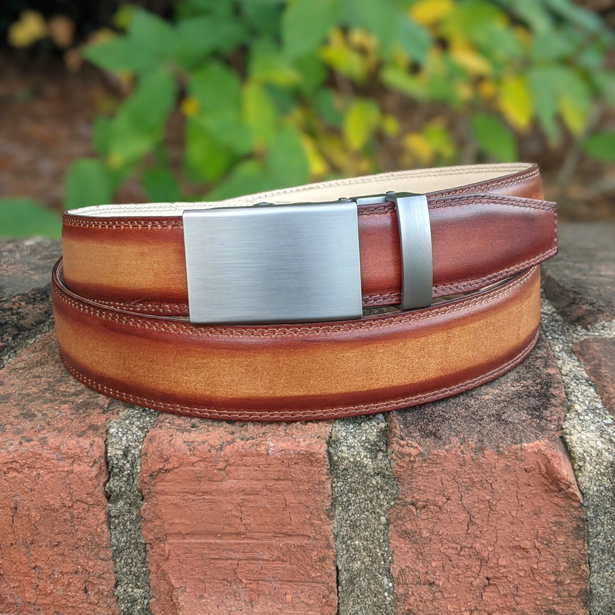 Handmade Italian leather Cognac Patina Belt with ratchet closure by Michael Darren Shoes