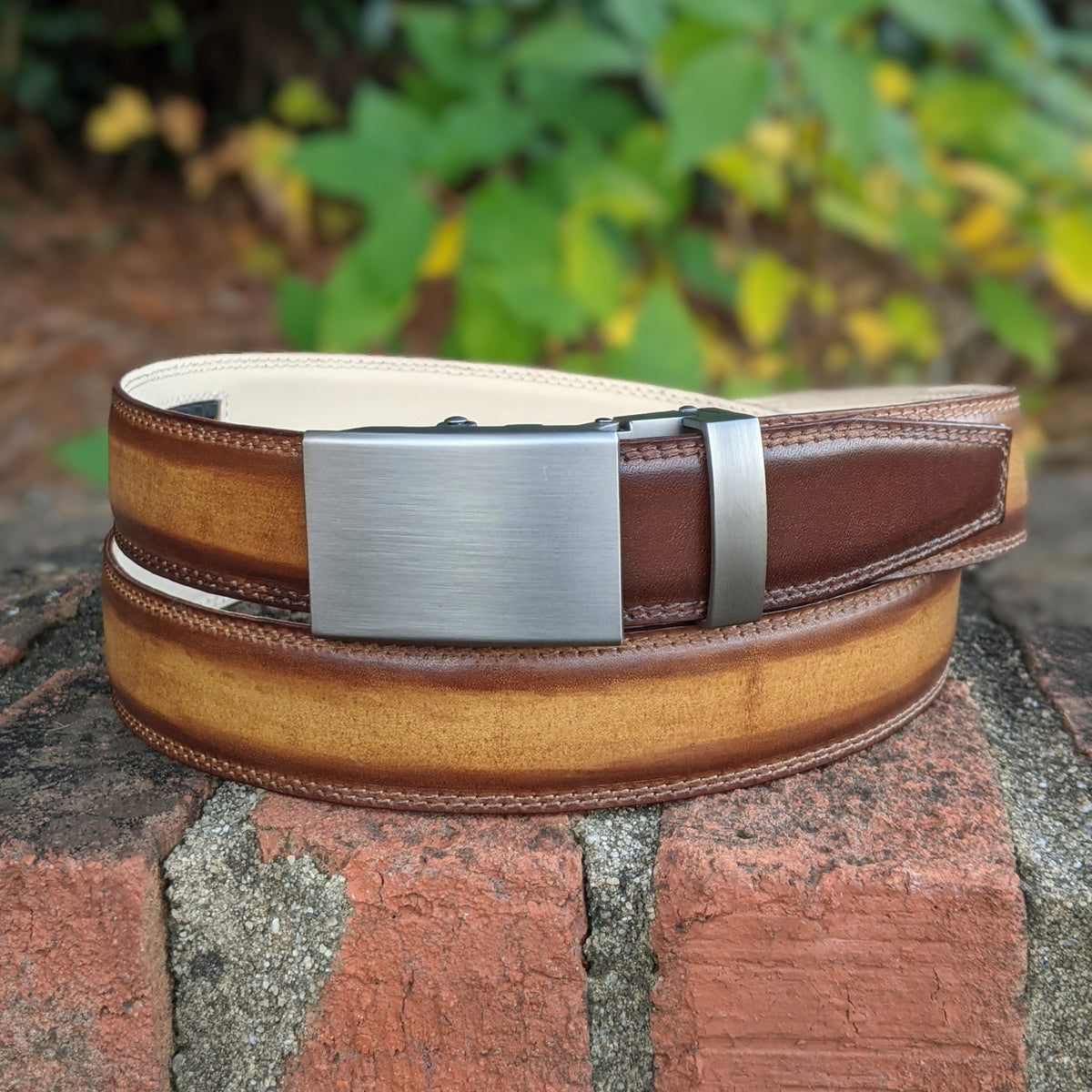Handmade Italian leather Cuoio Patina Belt with ratchet closure by Michael Darren Shoes