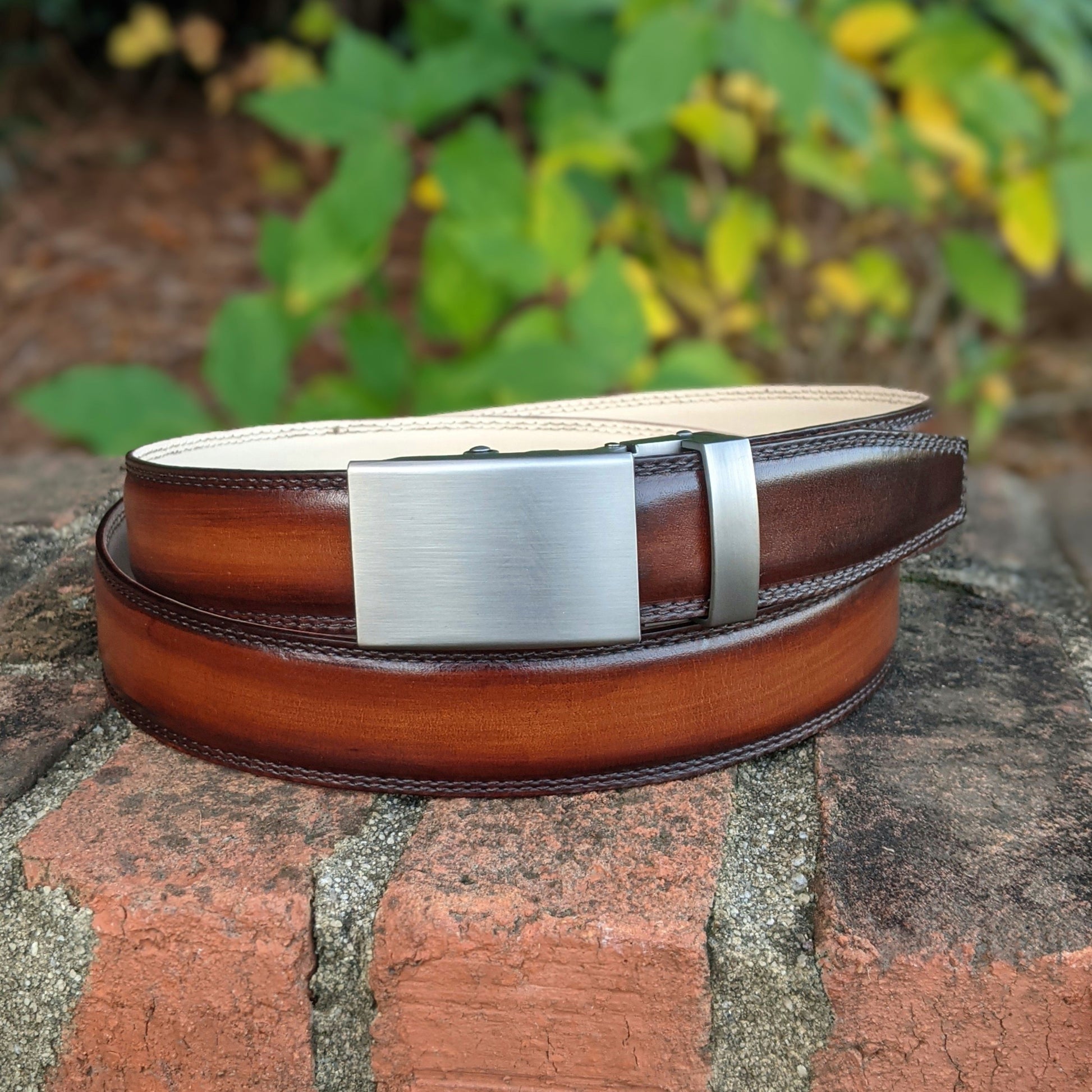 Handmade Italian leather Oak Brown Patina Belt with ratchet closure by Michael Darren Shoes