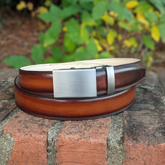 Handmade Italian leather Oak Brown Patina Belt with ratchet closure by Michael Darren Shoes
