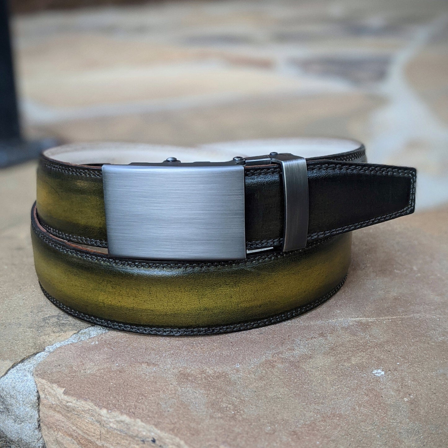 Handmade Italian leather Olive Green Patina Belt with ratchet closure by Michael Darren Shoes