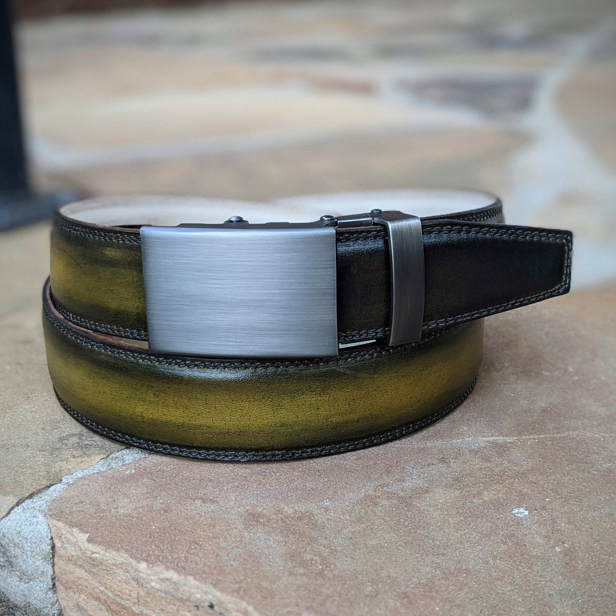 Handmade Italian leather Olive Green Patina Belt with ratchet closure by Michael Darren Shoes